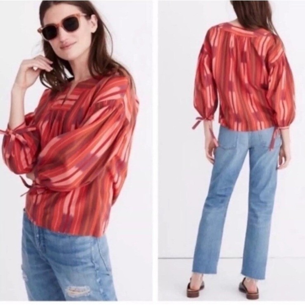 Madewell Striped Ikat Split Neck Tie Sleeve Cotton Blouse Red Pink Small